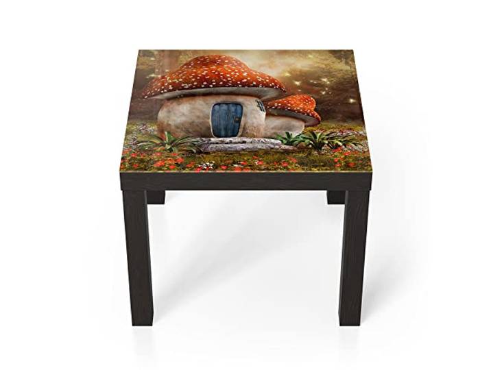 DEQORI Glastisch schwarz klein 55x55 cm Motiv Fliegenpilzhäuschen ausgefallener Beistelltisch aus Glas Hochglanz Couchtisch fürs Wohnzimmer moderner Couch Tisch mit Design