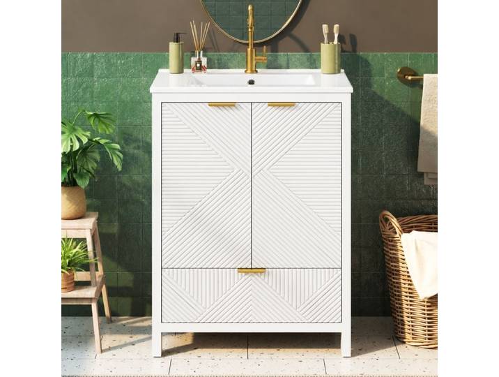 Meuble vasque 61 cm Norevia sur pied blanc vasque en céramique 2 portes et tiroir