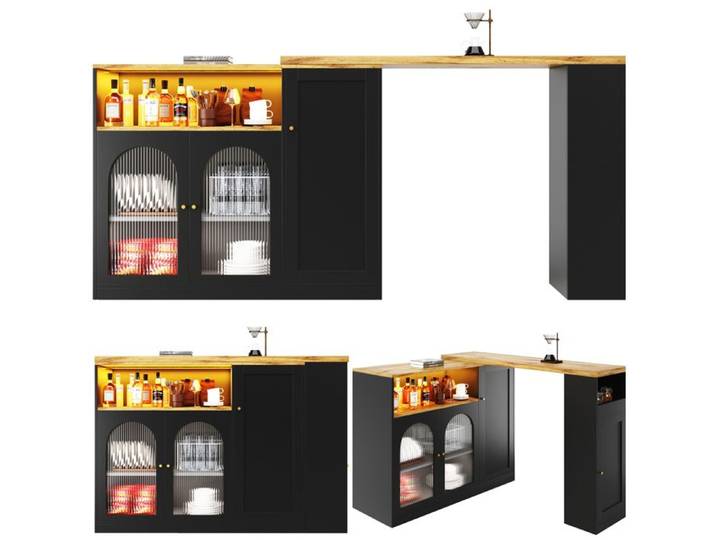 Meuble bar rotatif 360° – Noir mat et aspect bois – LED portes en verre strié