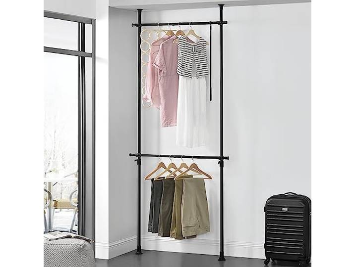 [en.casa] Teleskop Garderobensystem Kemi mit 2 Kleiderstangen zum Spannen Garderobenständer Schwarz Kleiderständer Teleskopstange verstellbar 75 – 115 cm Metall