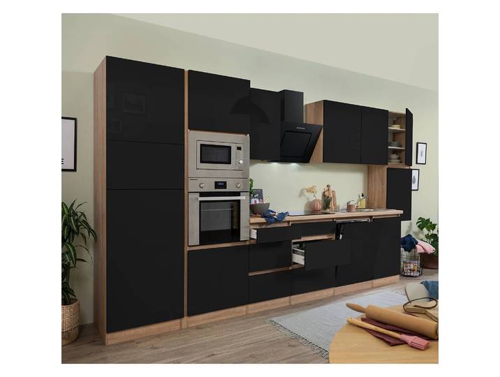 Küchenzeile Lorena IV 395cm Schwarz/Hochglanz Schwarz/Eiche Dekor mit Elektrogeräten