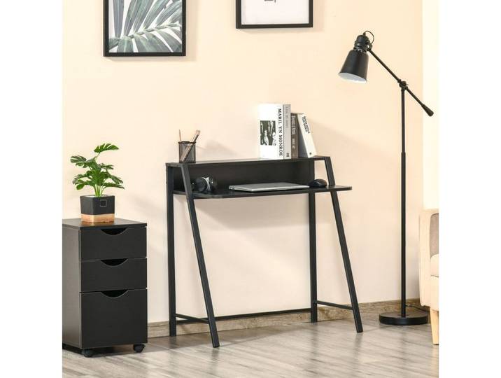 Bureau informatique noir 84 x 45 x 85 cm avec étagère intégrée passe-câbles structure métal MDF