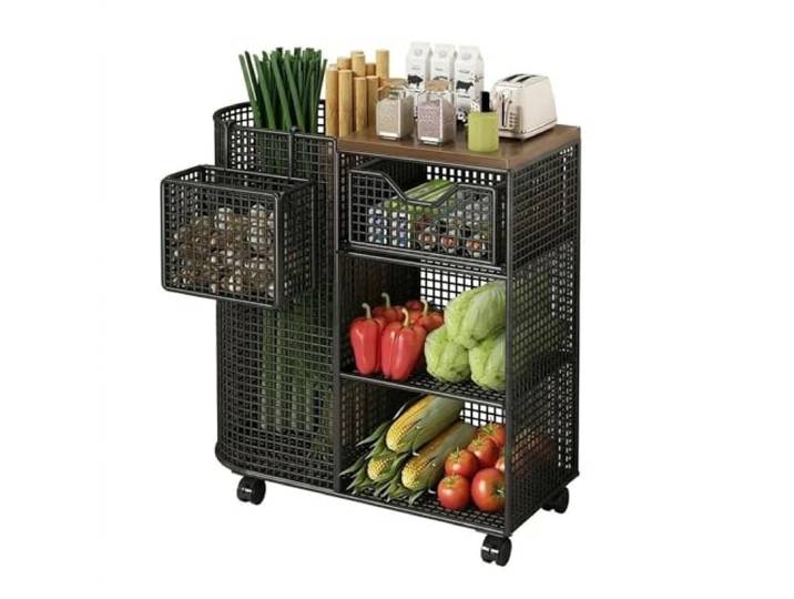 Essen Rollbarer Küchen-Aufbewahrungswagen mit mehreren Etagen for Gemüse und Obstkorb-Organizer-Regal(Schwarz)