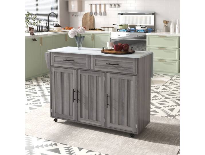 Desserte de cuisine sur 5 roulettes avec Plans de Travail Rabattable Panneau d'extension Pieds/Roulettes remplaçables Gris