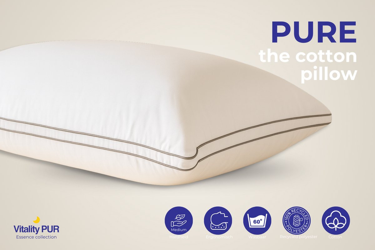 Vitality Pur PURE Cotton Pillow - 100% Katoenen Tijk - Zacht & Ondersteunend - Ademend - 60 x 70 cm