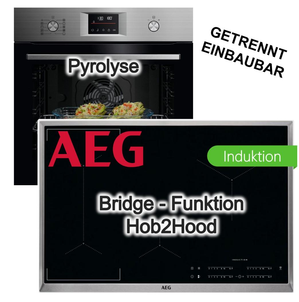 AEG Herdset Einbaubackofen Pyrolyse SurroundCook + Induktionskochfeld 80cm Bridge Hob2Hood PowerBoost Edelstahl