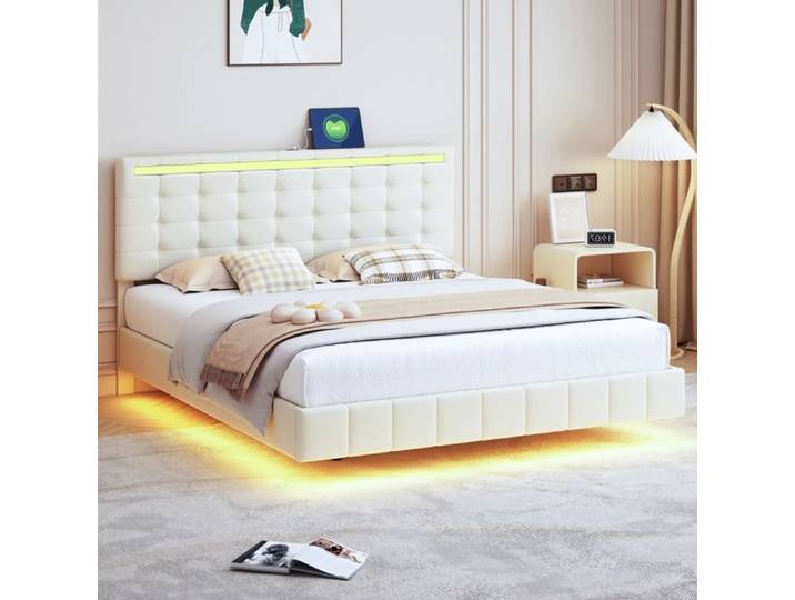 Lit double 160x200 - Cadre Flottant avec Éclairage LED Tête Haute Multiprise - Lit 2 Personnes 160x200 cm avec Sommier - Lin beige