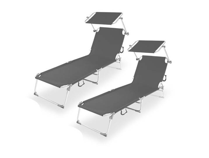 Transat / chaise longue pliante - JUANIO - Lot de 2 - Aluminium antirouille - Pare-soleil réglable - Résistant UV