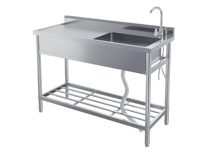 Edelstahl Spültisch 120x50x95CM, Freistehende Küchenspüle Gewerbliche Spülbecken Mit 1 Becken Wasserhahn Kalt Und Warmwasserschläuchen, Für Waschküche Outdoorküche Gastro Küchen Spulbecken