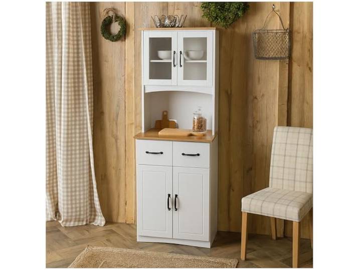 HTI living Eleganter Küchenschrank mit Glasvitrine Landhausstil Weiß Buffetschrank Anrichte