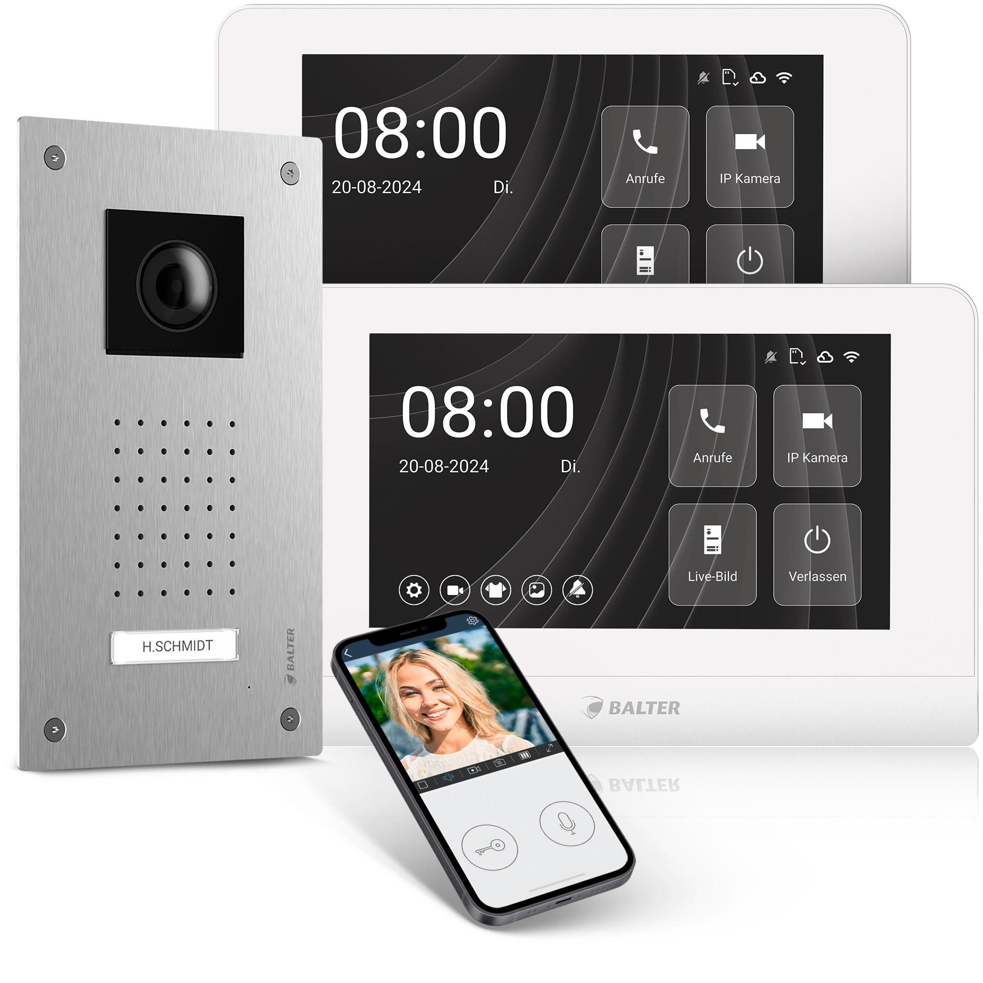 Balter ENTRI L Video Türsprechanlage, Video Türklingel, 1 Familienhaus mit 2x 7-Zoll HD Monitor, 2-Draht, Unterputz, App-Steuerung, Full HD Kamera