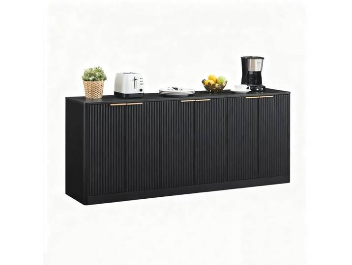 Sideboard noir 170 cm meuble de rangement 6 portes design ondulé MDF Buffet bas SENVIRO montage facile