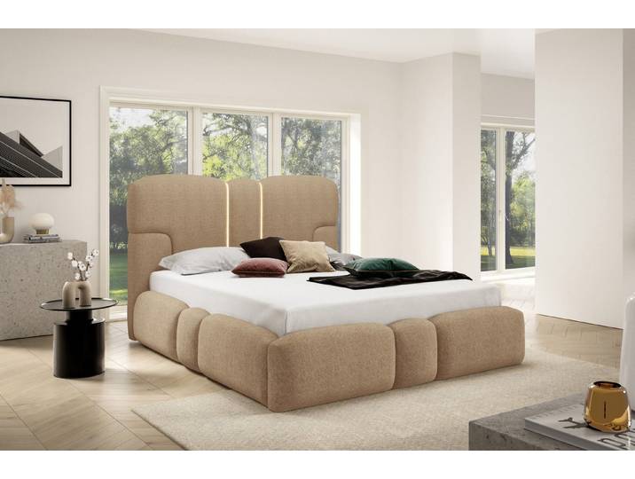 yourhouse24 Polsterbett Luxuriöses Design-Bett, LED-Beleuchtung & Metall-Lattenrost, Bubble-Optik & Japandi