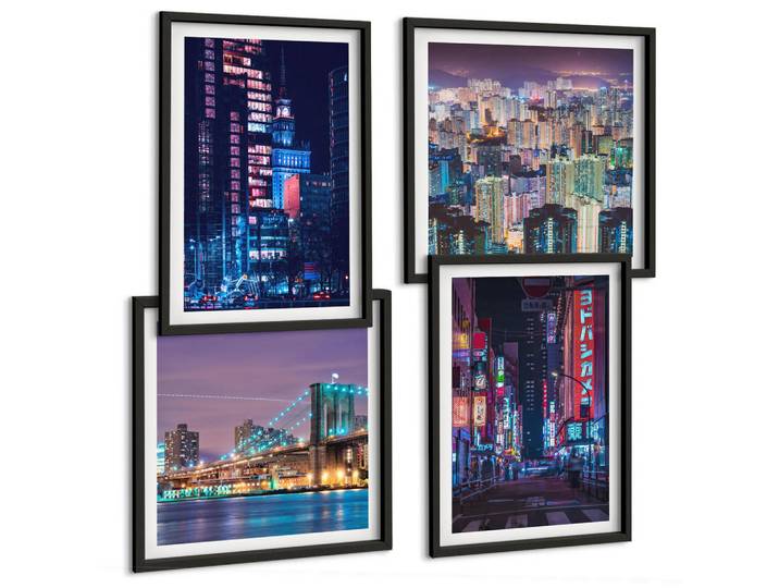 Tulup Bilder SET 4er Set - 50x50 cm & 40x60 cm Schwarzer Rahmen - Nachtstädte mit Neonlichtern, Kunststoff, Rechteckig, 50x50 cm, Fotografie, Bilder & Rahmen, Bilder