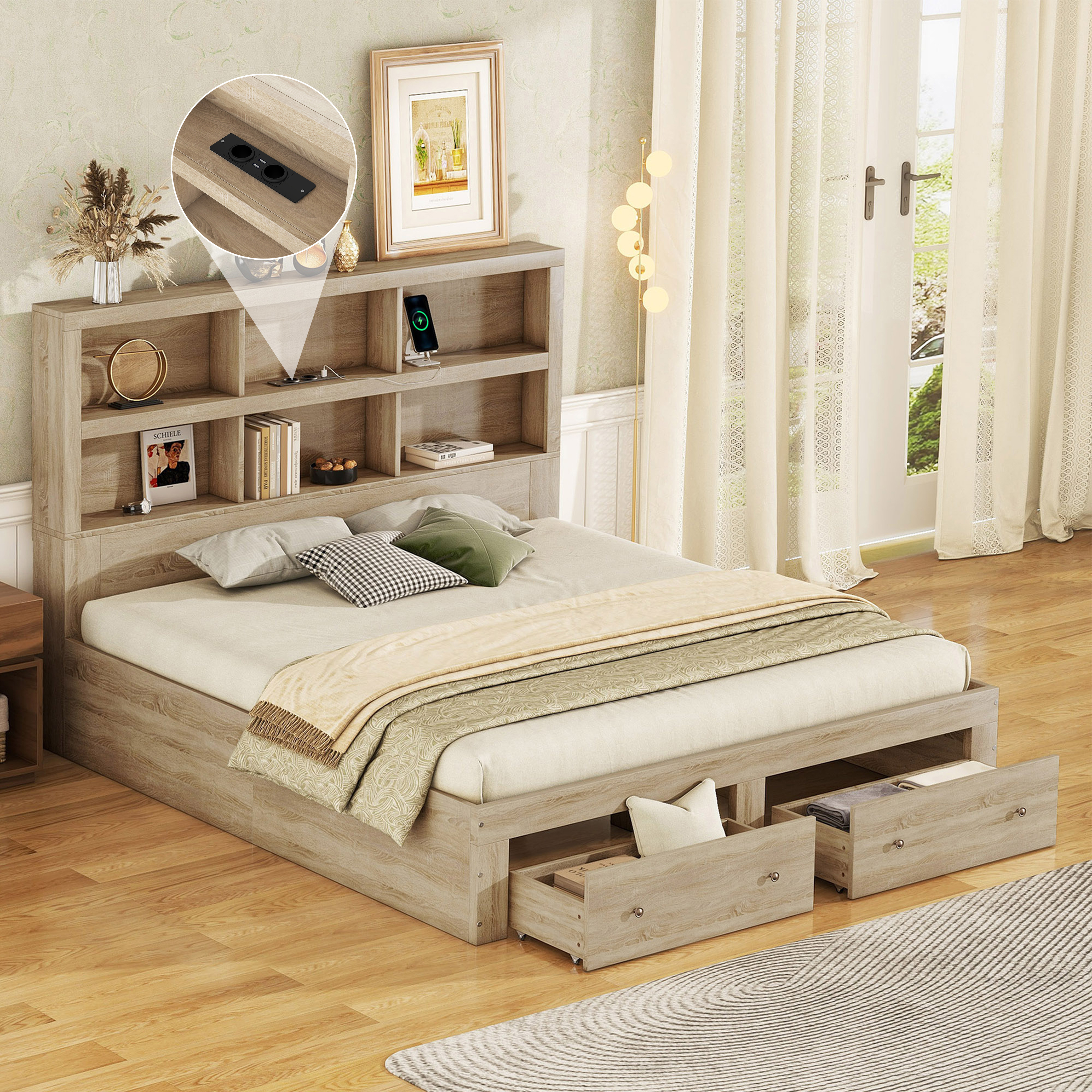 Kingsize Plattformbett mit Schubladen, USB-Ladung, Stauraum, robust, Natur, 160x200cm