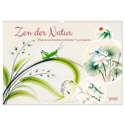 Zen der Natur - Pflanzen und Insekten im Stile der Tuschmalerei (Wandkalender 2026 DIN A3 quer), CALVENDO Monatskalender