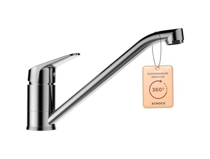 SCHOCK® Küchenarmatur Evinas Edelstahl I Hochdruck Einhebelmischer 360° drehbar I Armatur mit platzsparendem Festauslauf I Flüsterperlator für leisen Wasserstrahl