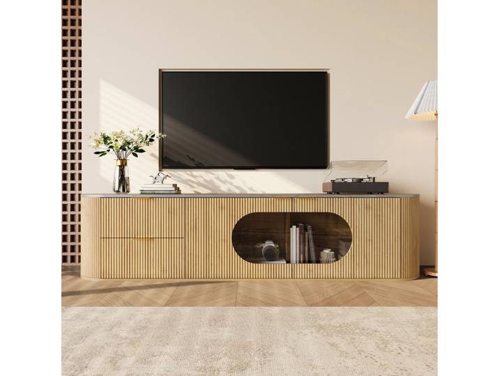 BBG TV-Schrank TV-Schrank 172 cm, Lowboard mit 3D-Türfronten & ovaler Glasvitrine MDF TV-Lowboard mit Mehrzonen-Stauraum, Wohnzimmermöbel