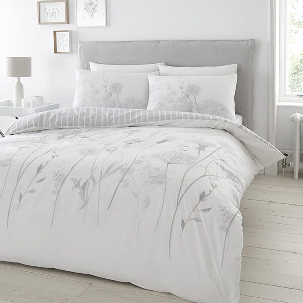 Catherine Lansfield Meadowsweet Floral Duvet Set White Grey