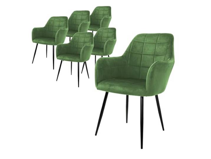 ECD Germany 6er Set Esszimmerstühle mit Rücken- und Armlehnen, Salbei, Küchenstühle mit Samtbezug, Polsterstühle mit Stahlgestell, Ergonomische Stühle für Esstisch, Wohnzimmerstühle Esszimmerstuhl