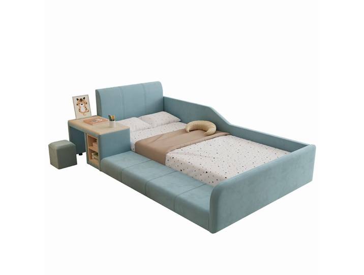 Lit combiné enfant - YEHTOKHOME - 90x200 - Velours bleu - Bureau latéral - Sommier à lattes bois