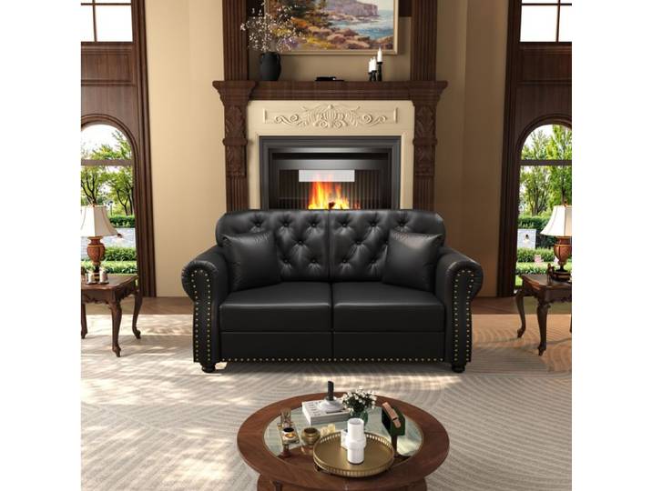 WOVREO Canapé fixe Chesterfield 2 places 160 cm simili cuir noir dossier capitonné
