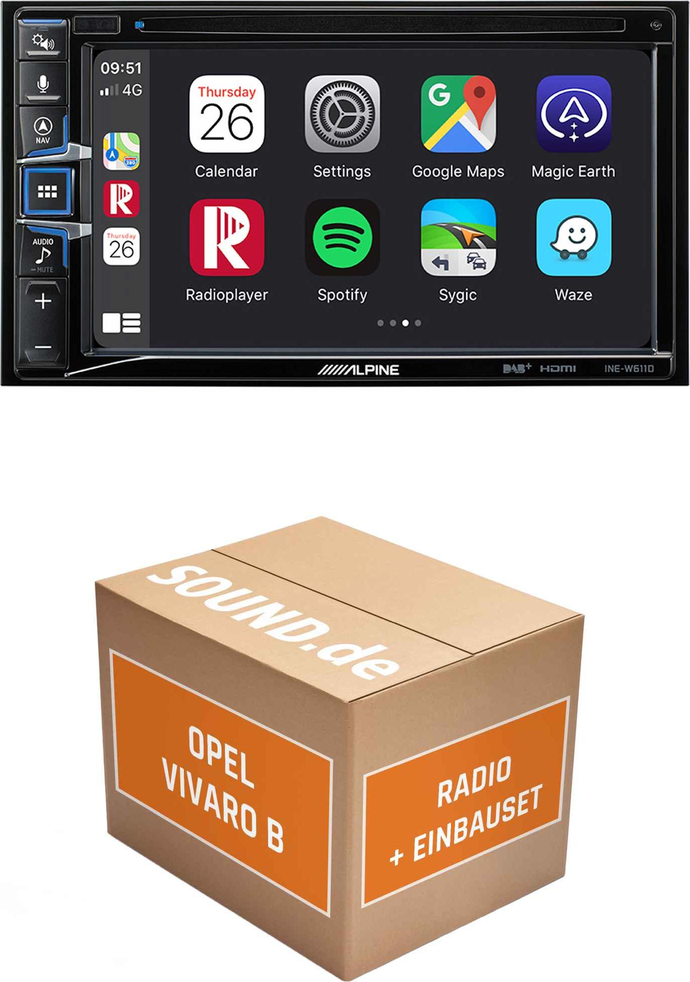 Autoradio Einbaupaket Alpine INE-W611D passend für Opel Vivaro B + Visteon/Browse | Navigationssystem CD-/DVD-Laufwerk