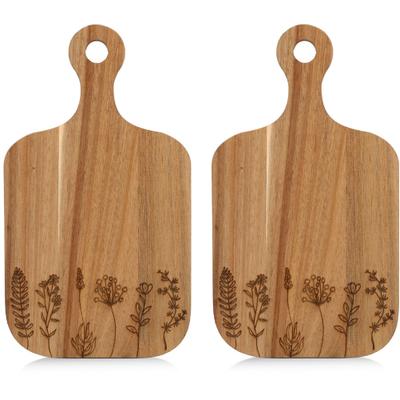 Servierbrett ZELLER PRESENT "Schneide-/Servierbrett 2-tlg. mit Griff "Wildflowers", braun, B:17cm H:2cm L:30cm, Akazienholz, Schneidebretter, Servierbrett, natürliches Material