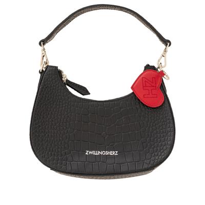 Tragetasche ZWILLINGSHERZ "Halfmoon Croco", Damen, Gr. B/H/T: 23cm x 16cm x 6cm, schwarz, Rindsleder, Taschen, Halbmondform, abnehmbarer Tragegurt, abnehmbarer Anhänger
