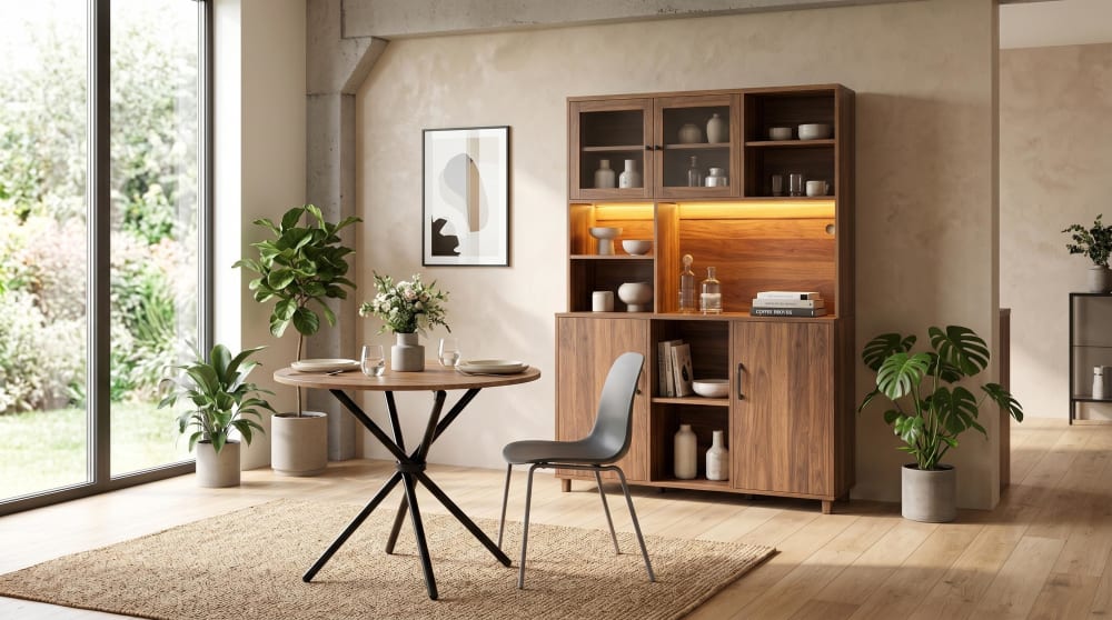 Urban Meuble Ensemble buffet haut à LED et table ronde en bois, style industriel Marron 140x185x40cm