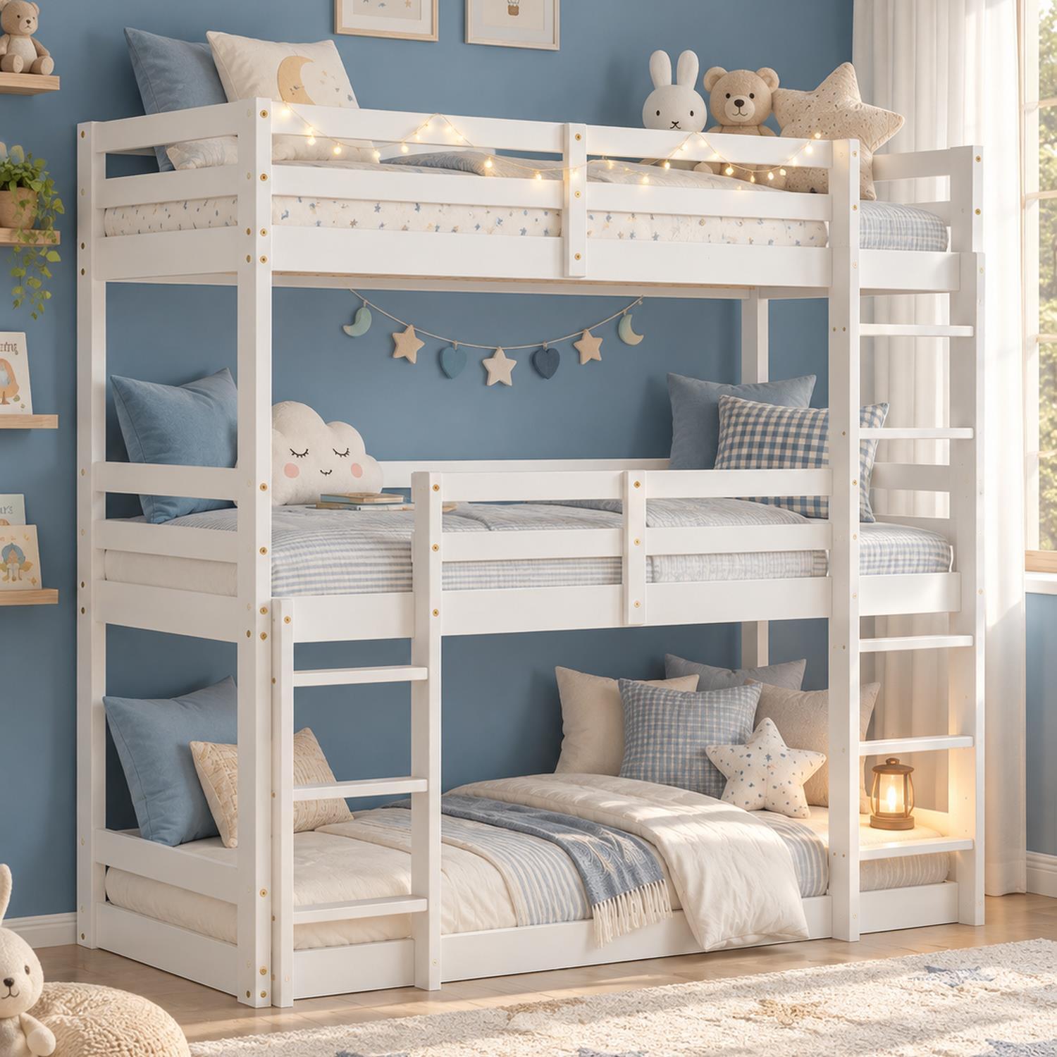 Homestyle4u Etagenbett 90x200 Kinder mit Matratze mit Standard 100 mit Lattenrost Hochbett Dreifachbett Weiß Stockbett mit Rausfallschutz