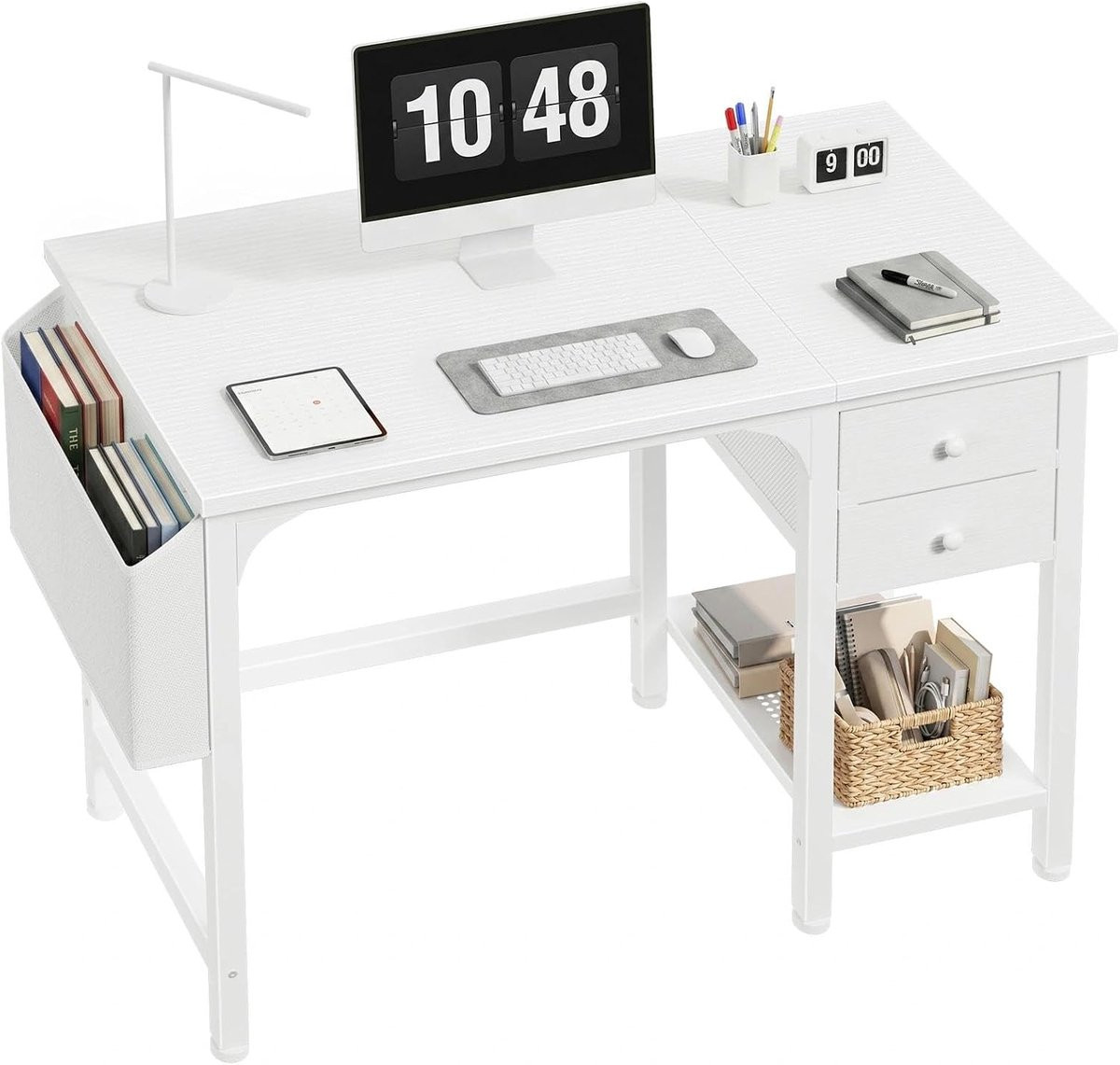 Wit klein computerbureau met laden voor thuiskantoor of kinderkamer, Breedte: 100 cm
