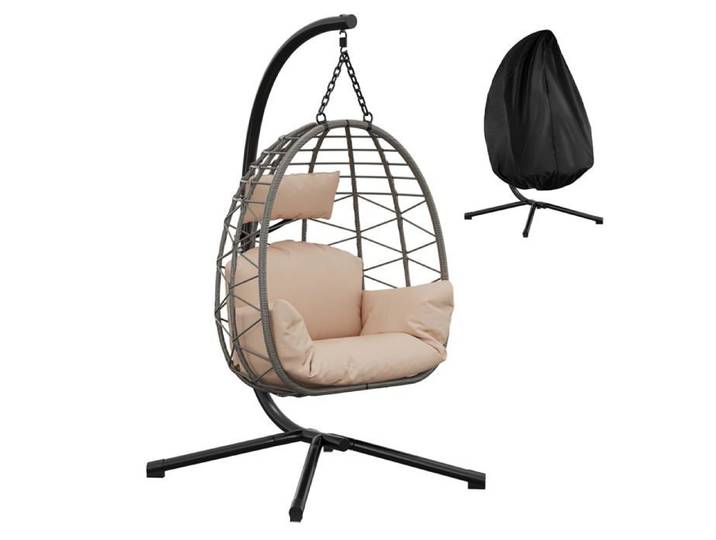 Fauteuil Suspendu en Rotin avec Cadre Métal – Fauteuil de Jardin Design Cocon Confortable pour Terrasse/Jardin