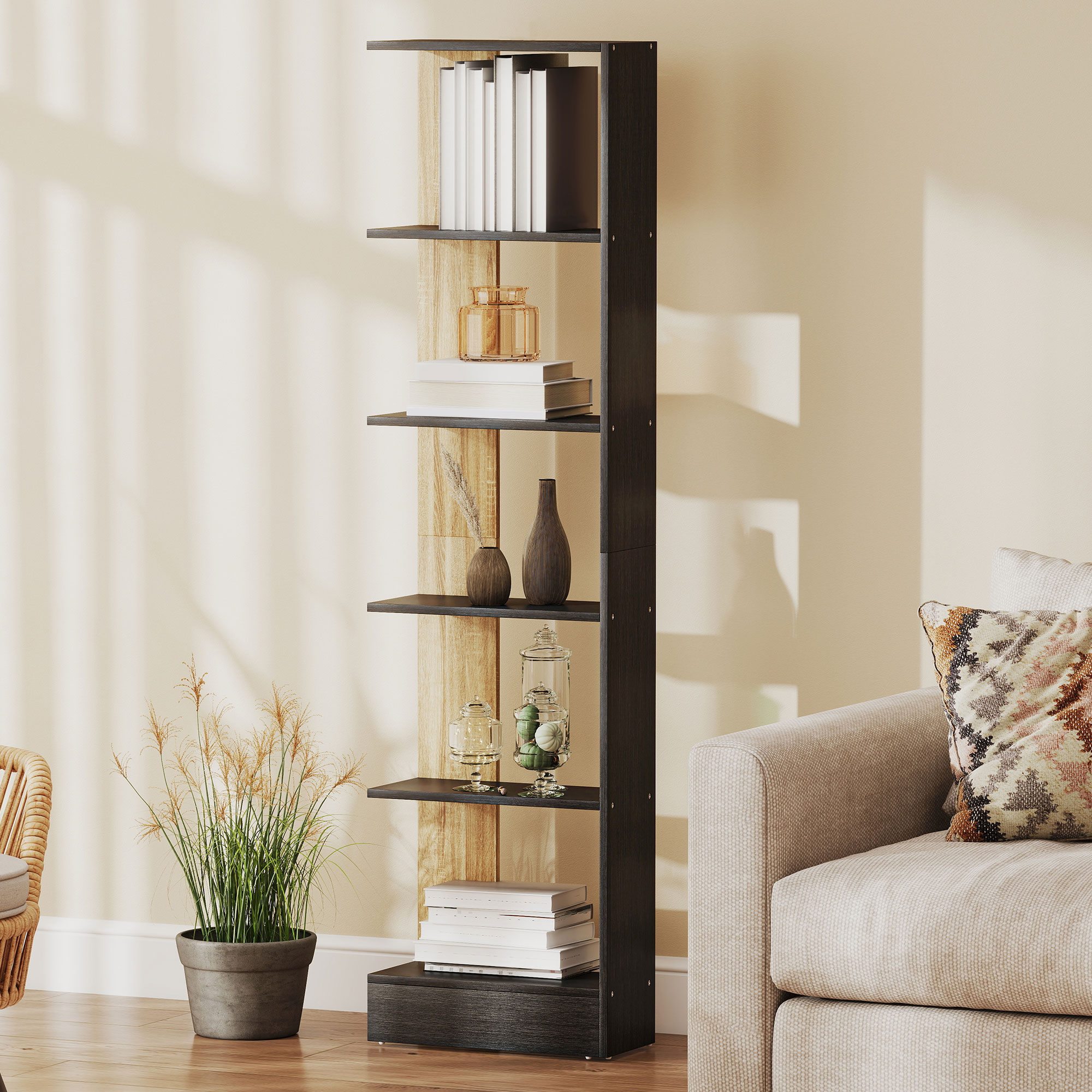 Homcom Libreria Moderna Salvaspazio a 5 Ripiani in Legno 45x21x170 cm, Nero, Rovere   Aosom Italy