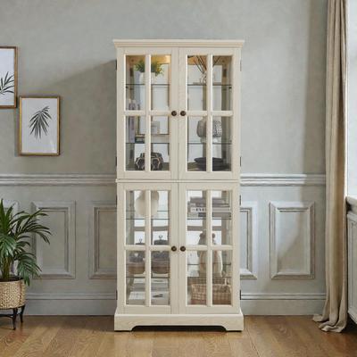 Fundinbaths Antique Curio Display Cabinet with Glass Doors, 4 Door Vintage Showcase with Adjustable Shelves and Light