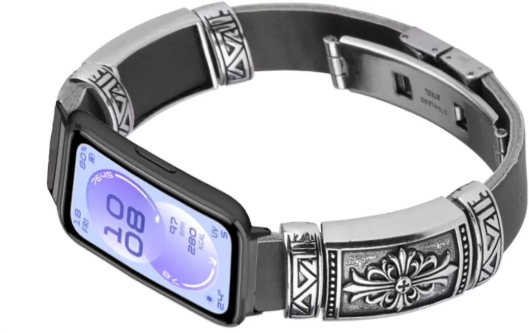 INF Vintage PU-Leder Ersatzarmband mit Doppelknopf-Schmetterlingsverschluss, kompatibel mit Huawei Band 11/11 Pro Schwarz