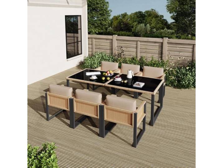 Ensemble table‑chaises polyuréthane mobilier jardin table pour six personnes chaises à accoudoirs housses tissu amovibles lavables