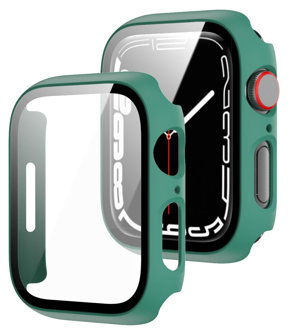 Wigento 2-in-1 Schokbestendig TPU Siliconen Hoesje met Hardglas Bescherming voor Apple Watch Serie 9, 8, 7 (41mm) - Groen