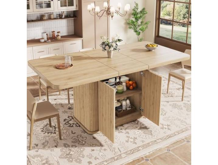 BXEYXE Multifunktionaler Esstisch mit verstecktem Stauraum, ausziehbare Tischplatte, Design mit vertikalen Reliefstreifen, 140‑180 cm, Holzoptik hell