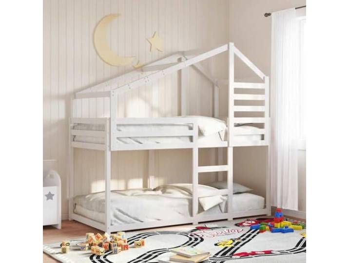 QZZCED Kinderhochbett mit massivem Kiefernholzdach und Sicherheitsgeländern für begrenzte Räume, inklusive offener Seitenklappe und kompaktem Design für zwei Betten