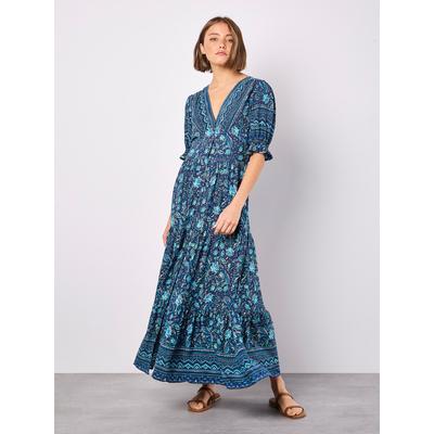 Maxikleid APRICOT "Sarasa Maxikleid", Damen, Gr. S (36), N-Gr, blau (navy), gewebt, Obermaterial: 100% Viskose CV., gemustert, normal, V-Ausschnitt, Puffärmel, Kleider Maxikleid, mit Blumenmuster