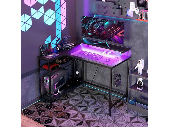 HOMCOM Bureau d'Angle Réversible LED avec Étagères Noir