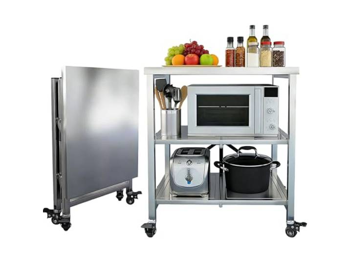 Ebenen klappbare Servierwagen Edelstahl, Regal mit Feststellbremse Rollen Küchenwagen Servierwagen mit Stauraum, für Küche, Garten, Vielseitiger Allzweckwagen für kleine Räume, 60x45x80cm