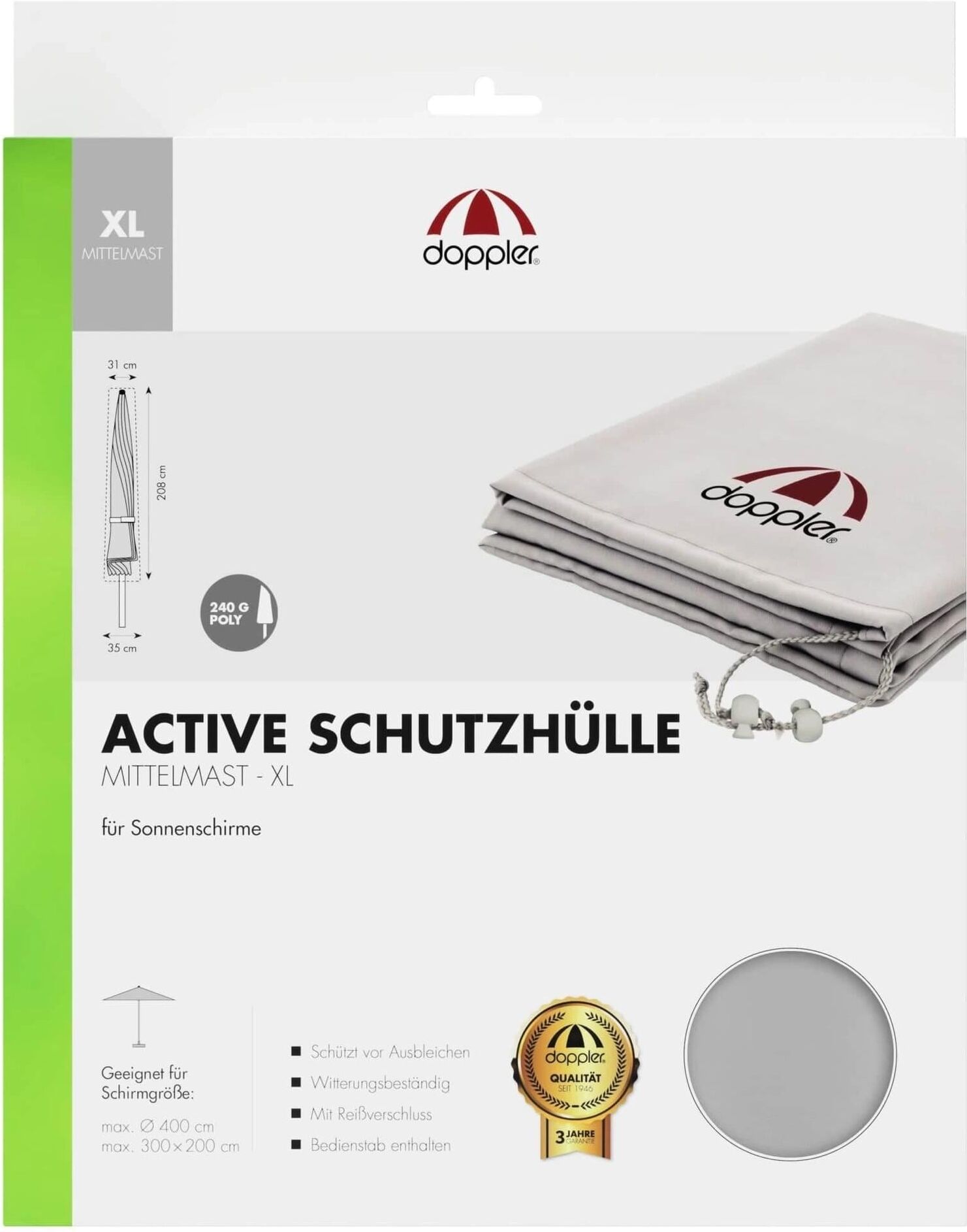 Sonnenschirm-Schutzhülle DOPPLER "Active", grau, B:31cm H:208cm L:208cm, Polyester, Planen, Sonnenschirm-Schutzhülle, für Schirme bis 400cm geeignet grau B/H/L: 31cm x 208cm x 208cm 35