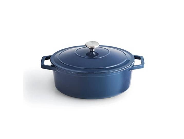 Qulinart by Brandt - Bräter Individuell - Deckel aus Gusseisen mit Knopf aus Edelstahl - Induktionsgeeignete Cocotte - Backofenfest - Blau (Oval)