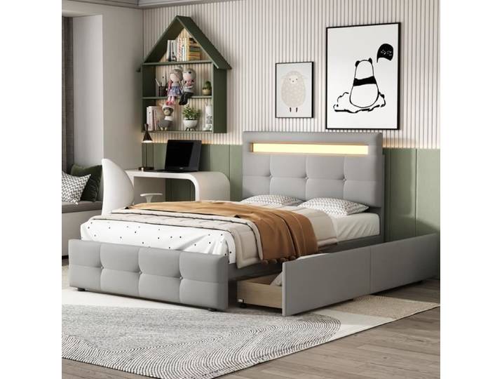 Lit avec tiroirs Lit rembourré Lit 90x200 cm avec lampes LED 2 tiroirs lit simple gris
