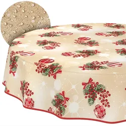 Weihnachtstischdecke Stofftischdecke Tischwäsche Tischdecke abwaschbar Tischtuch Baumwolle Polyester Beige - Rund 120 cm, mit Saum (Eingefasst)