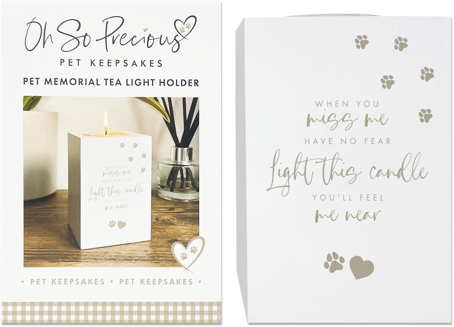 Witte houten Pet Memorial theelichthouder met pootafdrukken en hartontwerp