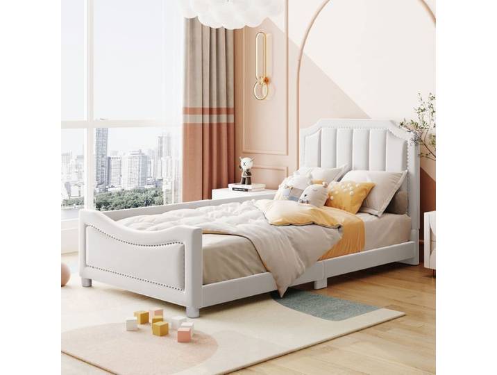 URTR Lit rembourré enfant 90x200cm - Dossier et accoudoirs - Rivets décoration - Coin de lit rond - Flanelle/MDF/Bois massif - Beige