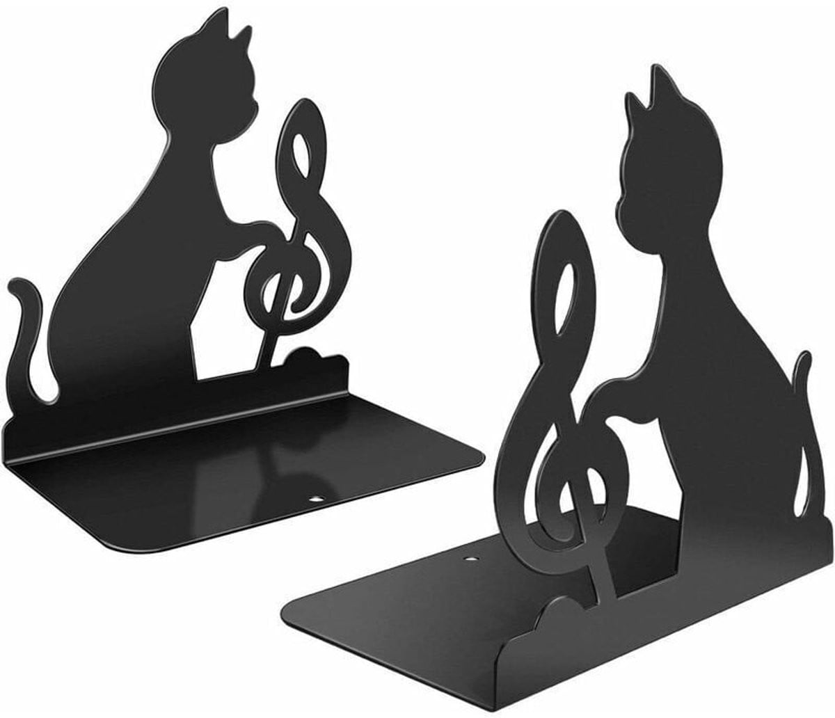 Set van 2 Kitten Boekensteunen van roestvrij staal met Muzieknoten en Katten - Zwart